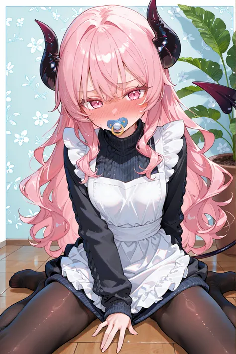 high image quality Ultimate Masterpiece Detailed depiction 1 girl Sharp Horns Devil's Tail Glossy pink hair voluminous eyelashes wavy soft hair slim figure small breasts (black long sleeve knit white apron pacifier) Devil's Tail (Black tights) cute kind ...