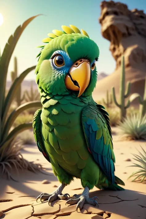 a cute green parrot with large round eyes and a downturned beak looking sad, standing on dry cracked earth with sparse withered desert plants, a hot sun beating down above, its expressive emotional face showcasing a sense of longing, with realistic texture...