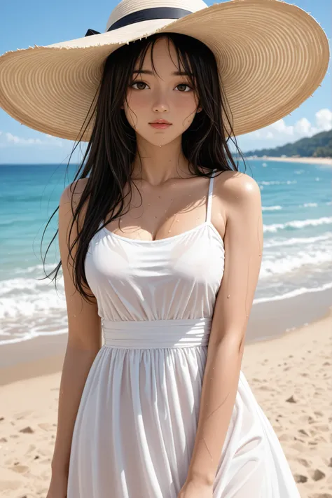 summer dress,large hat,sweat,beach,