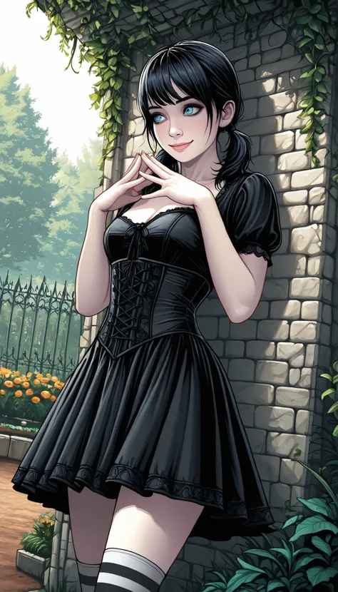 (1girl), (extremely detailed CG unit 8k wallpaper),(master part), (best quality), (ultra detail), (best illustration),(dan mumford style), cowboy shot, dutch angle, standing, perfect face, perfect eyes, perfect fingers, traditional media, stone wall, garde...