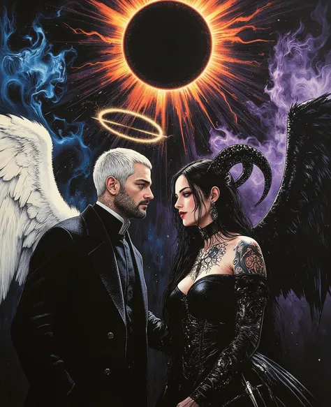 color contrast, hyperrealistic poses, cinematographic photography , detailed, best quality , High resolution , intricate details, vivid colors , detailed Style Photography Hyperrealism oil painting portrait of a creepy yet beautiful mystical couple , ((( b...