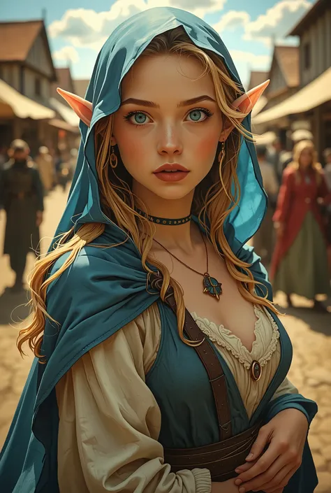 Masterfully rendered artistic illustration portrait, a cute petite young elf girl, sweet blue eyes, perky breasts pressing against thin tunic, blue cloak slipping off shoulders, plump pink lips, innocent blue eyes with long lashes, golden hair, medieval ma...