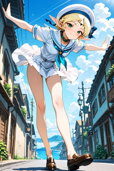 masterpiece,best quality, highres, incredibly absurdres, amazing quality,8K, yuuki nobuteru artstyle,
1girl,solo ,from below,from behind,
deedlit, pointy ears, elf, green eyes, blonde hair, small breasts, folded braid, white serafuku,white sailor collar,wh...