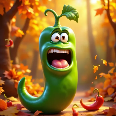 A long, curved green chili pepper comes to life with a vibrant, mischievous cartoon face stretched along its body, featuring wide open bright brown eyes, a pink tongue sticking out, and a loud open mouth with tiny white teeth, as if it’s screaming in shock...
