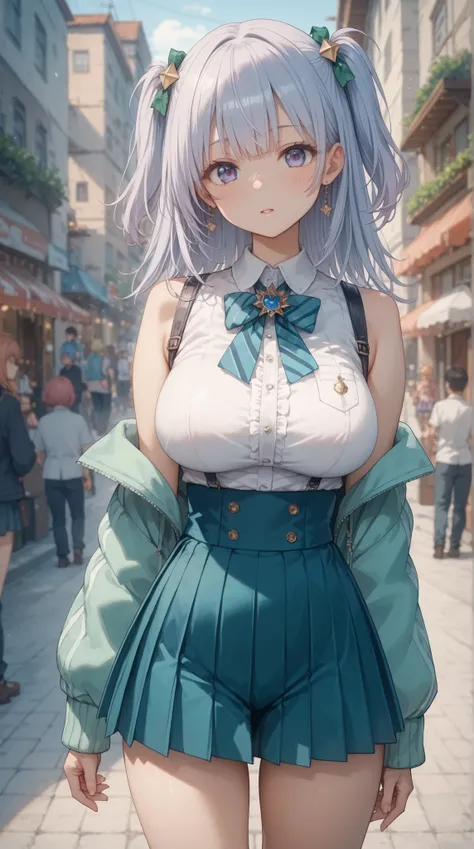 (masterpiece, Highest Quality, best quality)、photoreality、Ultra High Definition、girls, idol costume、Pleated Skirt、slim hip、thin tights, winter、high resolution, Super Detailed、(Blush、Staring fascinatingly )、(big breasts、 cleft)、((short two side up hairstyle...