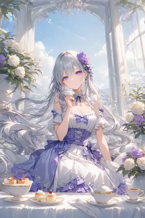 Silver Hair、Blue-purple eyes、Rin々Seems、super long hair、30 years old、flared skirt、high resolution、high image quality、Tea Party