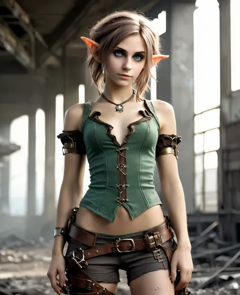 cute elf, (teenage elf with extremely cute eyes)), (((elf))), ((((high resolution))), (((extremely detailed))), ((masterpiece)), looks like Aerith Gainsborough, dramatic shadows, depth of field, analog photo style, (world in which are collide steampunk an...