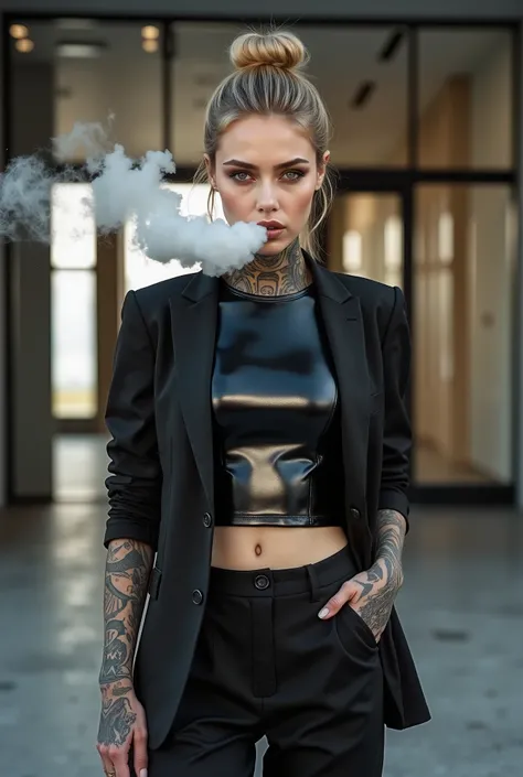 An extremely tattooed S4r4h stands outside a bright modern office. She is a powerful businesswoman. She wears a short cropped glossy black leather t-shirt under a short cropped fitted black business jacket and black baggy wide-leg pants and black high heel...