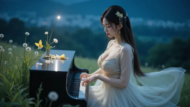 (high angle view, full action, motion blur, very dark night, 1star in the sky). (in the foreground, medium shot, photorealistic, playing piano, piano, close-up:1.5 flying dandelion), a young cold large-breast:1.1 eastern woman in a very sexy deep-v transpa...
