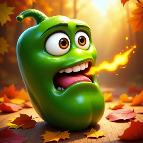 A long, curved green chili pepper comes to life with a vibrant, mischievous cartoon face stretched along its body, featuring wide open bright brown eyes, a pink tongue sticking out, and a loud open mouth with tiny white teeth, as if it’s screaming in shock...