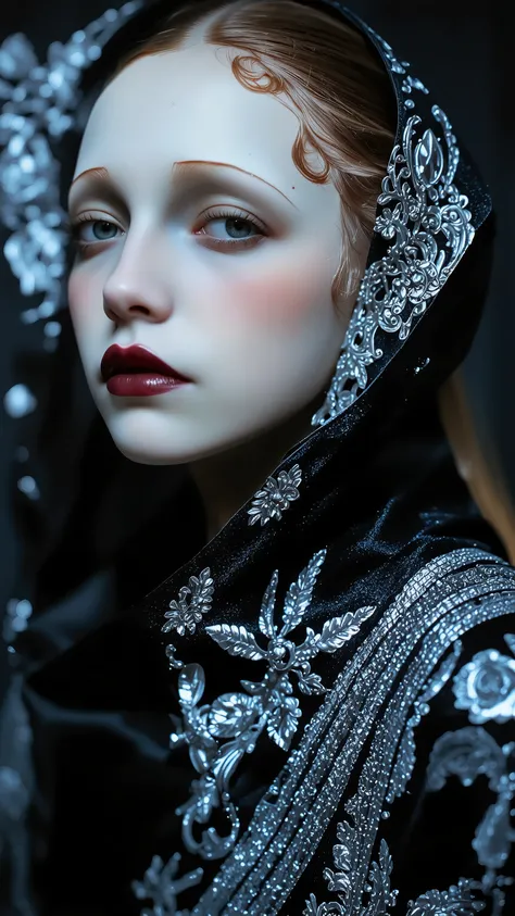 a 1920s era photograph of a female model in the style of ERA1920,burlesque,full body shot,fashion portrait,make up,sexy,beautiful face,dramatic lighting,theme color:black and red,