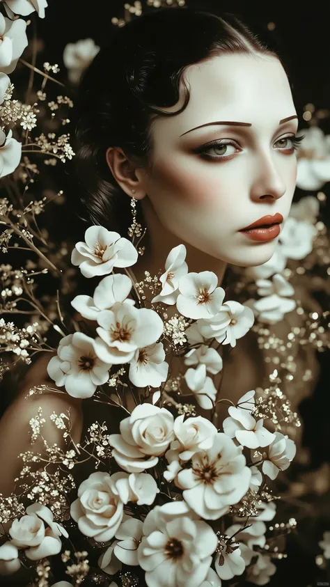 a 1920s era photograph of a female model in the style of ERA1920,burlesque,full body shot,fashion portrait,make up,sexy,beautiful face,dramatic lighting,theme color:black and red,