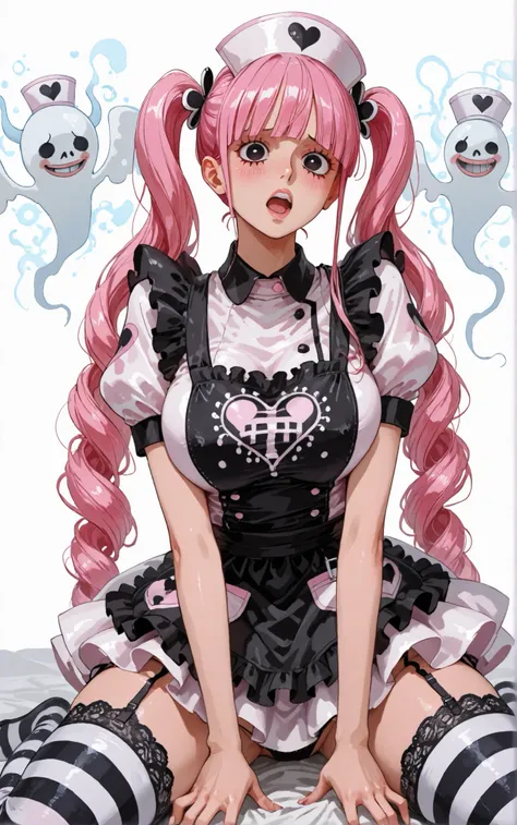 open mouth,,blush,,onepiecestyle,super high resolution, Perona(ONE PIECE), gothic lolina clothes, Twin Tails, pink hair, big eyes, pure white background , Frilled Nurse Cap, black lace apron, puff sleeve, Miniskirt nurse uniform, gothic decoration, Stripe...