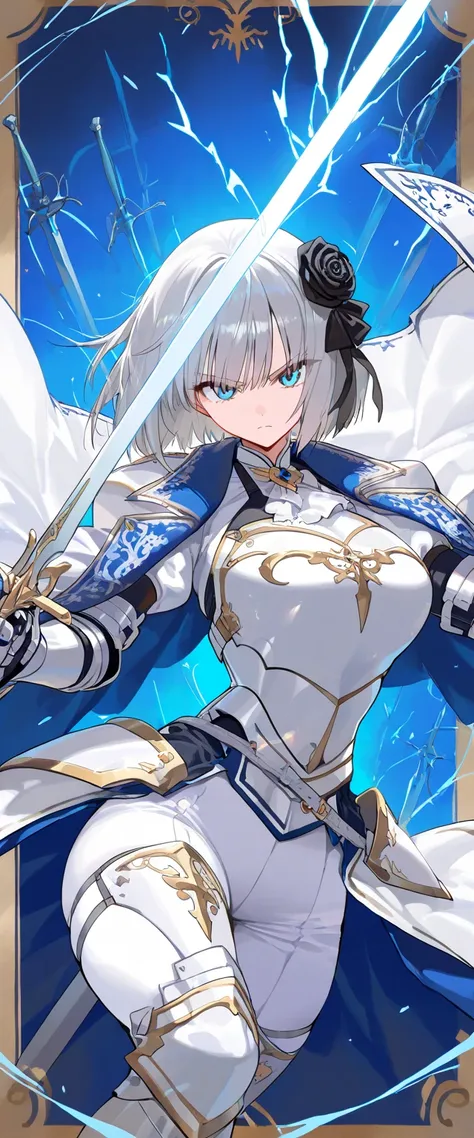 (beautiful girl : 1.3),1 girl,(White Armor,white cloak with blue embroidery,Black Rose Hair Ornaments,white hot pants,thigh), Silver Hair,bob cut,Serious Expression,Sword Slash,has a sword,Many swords stuck in the ground,White and blue aura from a sword,simple color background,dynamic angle,masterpiece,Highest Quality,Rich Contrasts,high image quality,8k,High Definition CG Unit Wallpaper,Textures,unbelievably absurd,RAW pictures,Deep Border 1 .2,very detailed 