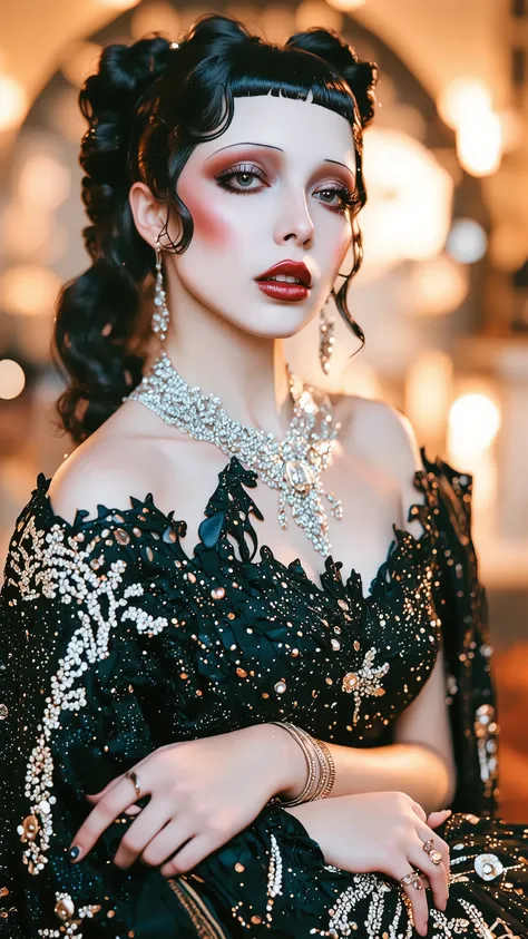 a 1920s era photograph of a female model in the style of ERA1920,burlesque,full body shot,fashion portrait,make up,sexy,beautiful face,dramatic lighting,theme color:black and red,