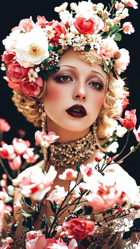 a 1920s era photograph of a female model in the style of ERA1920,burlesque,full body shot,fashion portrait,make up,sexy,beautiful face,dramatic lighting,theme color:black and red,