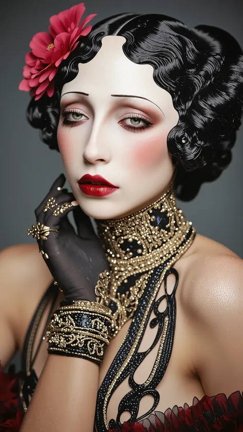 a 1920s era photograph of a female model in the style of ERA1920,burlesque,full body shot,fashion portrait,make up,sexy,beautiful face,dramatic lighting,theme color:black and red,