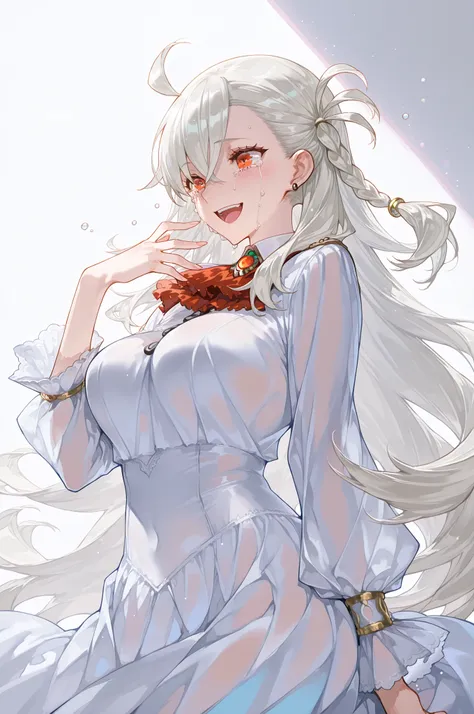 1girl,Olga Marie Animsphere(fate grand order)、outer space、Blue and white dress、white hair、Smile Yan、Happy crying、laughing、bless、Beautiful Breasts、high image quality、masterpiece