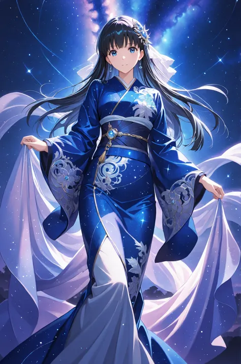 masterpiece, best quality, tsukasa ayatsuji, celestial kimono, starry night backdrop, elegant, flowing fabric, cosmic patterns, anime style, highly detailed, ultra detailed, 8k, beautiful lighting, dreamy atmosphere, fantasy, celestial theme
