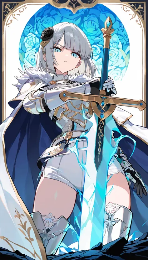 (beautiful girl : 1.3),1 girl,(ARW),(White Armor,white cloak with blue embroidery,Black Rose Hair Ornaments,white hot pants,thigh), Silver Hair,bob cut,Serious Expression,has a sword,Many swords stuck in the ground,White and blue aura from a sword,simple color background,dynamic angle,masterpiece,Highest Quality,Rich Contrasts,high image quality,8k,High Definition CG Unit Wallpaper,Textures,unbelievably absurd,RAW pictures,Deep Border 1 .2,very detailed 