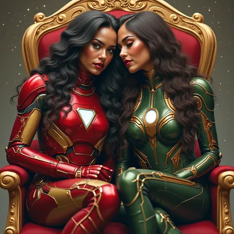 Create a realistic painting image,de "duas mulheres "of a passionate couple sitting on the same throne,surrealistic and highly detailed, da "mulher" Riri Williams, angelic features,pele morena clara , wavy and black hair and long,woman Iron wearing a futur...
