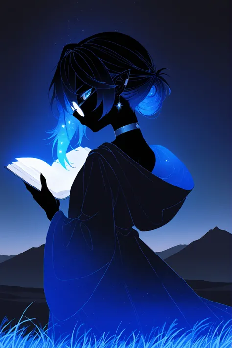 (masterpiece), best quality, amazing quality, flat color, no lineart, cowboy shot, from side, flat perspective,
androgynous, solo, mature, handsome, asymmetrical hair, black and blue starry hair, nape, pointy ears,
circular glasses, star earring, choker, e...