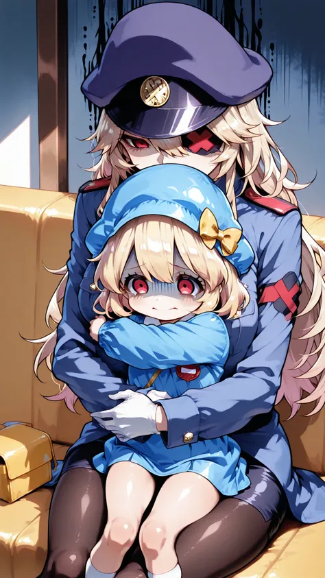 Kindergarten scenery, A woman surrounded by children, blackgeneral-san, red eyes, eyepatch, blonde hair, long hair, white gloves, peaked cap, purple cap, military uniform, military, long sleeves, pencil skirt, pantyhose, ((Kindergarten girl, Hug, sitting, ...