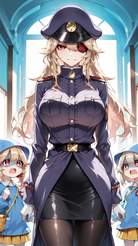 ((Kindergarten scenery, A woman surrounded by children)), blackgeneral-san, red eyes, eyepatch, blonde hair, long hair, white gloves, peaked cap, purple cap, military uniform, military, long sleeves, pencil skirt, pantyhose, gloom:1.4, Dynamic、calm atmosph...