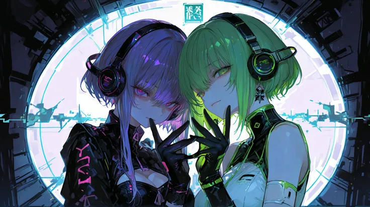 (Two Women :1.3)、two cool women、dynamic on the background、Cyber Fashion、headphones, Song、amazing、Highest Quality,Cyber World Background,amazing、pose with movement、fantastic、gloves、green hair、purple hair、Dark Atmosphere