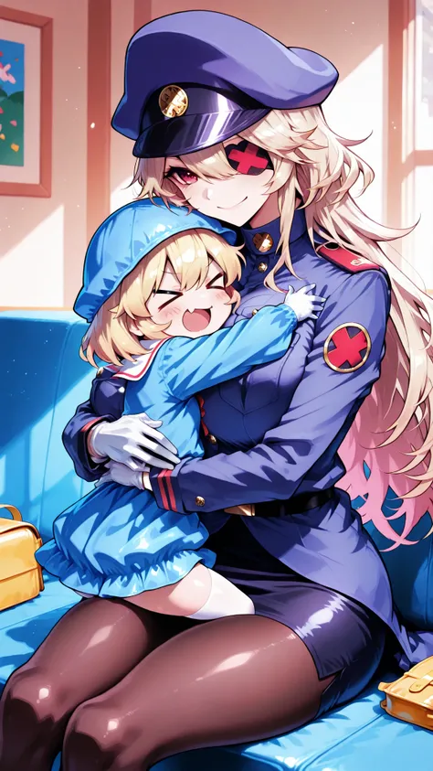 Kindergarten scenery, A woman surrounded by children, blackgeneral-san, red eyes, eyepatch, blonde hair, long hair, white gloves, peaked cap, purple cap, military uniform, military, long sleeves, pencil skirt, pantyhose, ((Kindergarten girl, Hug, sitting, ...