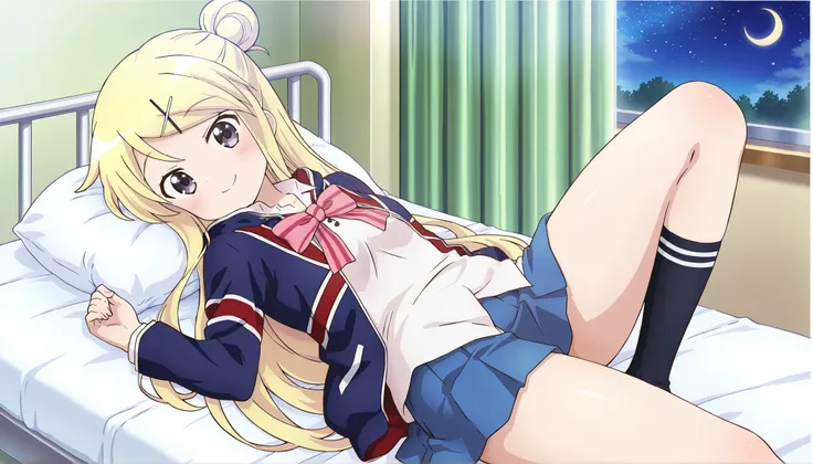 dropout of high school and depression bedridden 1girl , smile thick thighs Kujou Karen very long hair , blonde hair , single hair bun , hairclip , x hair ornament , sidelocks , side swept bangs , black eyes , white shirt , collared shirt , union jacket , p...