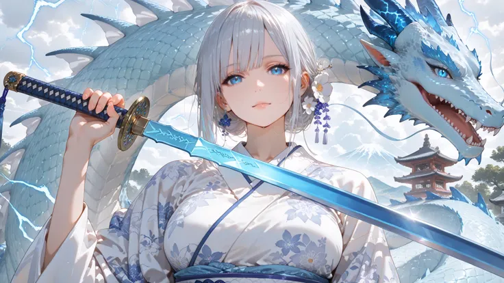 (masterpiece, Highest Quality:1.4),Super Detailed,8k,
high_Resolution,super_is fine_[illustration],detail_skin,detail_ face,detail_eye,,

1 woman,solo,upper body,blue and white kimono,is good,beauty  face,
has a sword,A shining blue sword,
(((white big dra...