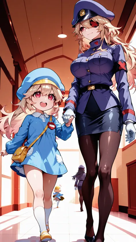 Kindergarten scenery, A woman surrounded by children, blackgeneral-san, red eyes, eyepatch, blonde hair, long hair, white gloves, peaked cap, purple cap, military uniform, military, long sleeves, pencil skirt, pantyhose, Kindergarten girl, Holding hands, B...