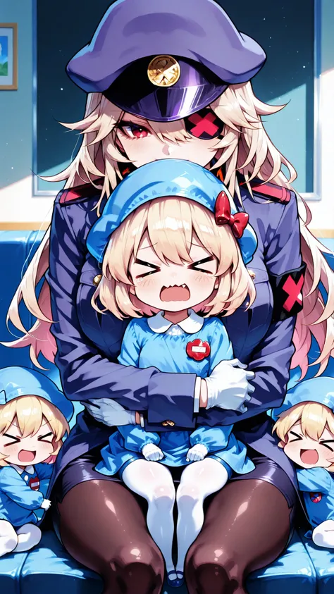 Kindergarten scenery, A woman surrounded by children, blackgeneral-san, red eyes, eyepatch, blonde hair, long hair, white gloves, peaked cap, purple cap, military uniform, military, long sleeves, pencil skirt, pantyhose, ((Kindergarten girl, Hug, sitting, ...