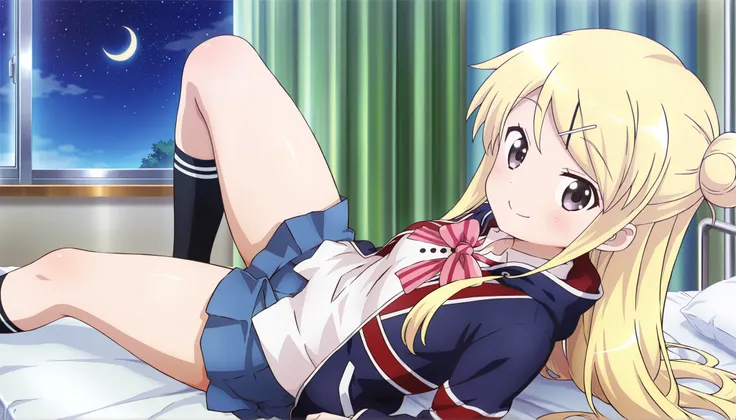 dropout of high school and depression bedridden 1girl , smile thick thighs Kujou Karen very long hair , blonde hair , single hair bun , hairclip , x hair ornament , sidelocks , side swept bangs , black eyes , white shirt , collared shirt , union jacket , p...
