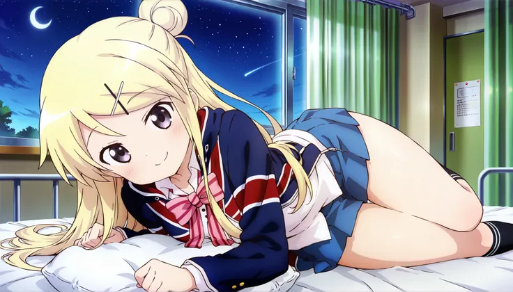 dropout of high school and depression bedridden 1girl , smile thick thighs Kujou Karen very long hair , blonde hair , single hair bun , hairclip , x hair ornament , sidelocks , side swept bangs , black eyes , white shirt , collared shirt , union jacket , p...