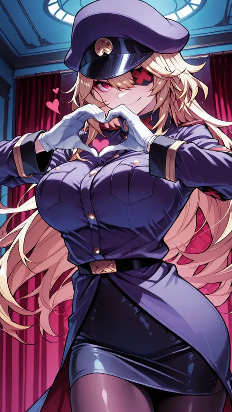 高層ビル屋上の風景, blackgeneral-san, red eyes, eyepatch, blonde hair, long hair, white gloves, peaked cap, purple cap, military uniform, military, long sleeves, pencil skirt, pantyhose, ビル群の背景, heart hands, 前屈み, 躍動感、穏やかな雰囲気、魅力的な瞳、柔らかな質感,