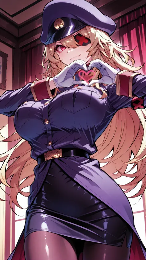高層ビル屋上の風景, blackgeneral-san, red eyes, eyepatch, blonde hair, long hair, white gloves, peaked cap, purple cap, military uniform, military, long sleeves, pencil skirt, pantyhose, ビル群の背景, heart hands, 前屈み, 躍動感、穏やかな雰囲気、魅力的な瞳、柔らかな質感,