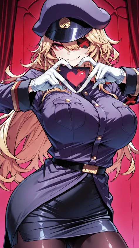 高層ビル屋上の風景, blackgeneral-san, red eyes, eyepatch, blonde hair, long hair, white gloves, peaked cap, purple cap, military uniform, military, long sleeves, pencil skirt, pantyhose, ビル群の背景, heart hands, 前屈み, 躍動感、穏やかな雰囲気、魅力的な瞳、柔らかな質感,