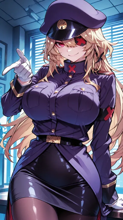 高層ビル屋上の風景, blackgeneral-san, red eyes, eyepatch, blonde hair, long hair, white gloves, peaked cap, purple cap, military uniform, military, long sleeves, pencil skirt, pantyhose, ビル群の背景, pointing at viewer, 前屈み, 躍動感、穏やかな雰囲気、魅力的な瞳、柔らかな質感,