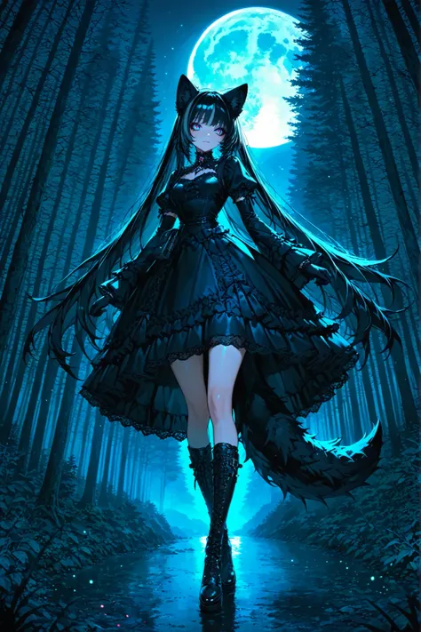 perfect quality, artistic, I was particular about every detail, Wolf Girl, Onyx Hair, Long Eyes, Beast Ears and Tails, cool expression, black gothic dress, Lace Up Boots, gloves, Full Moon Night, Dusky Forest, Light Shines Through the Trees, Magical Partic...