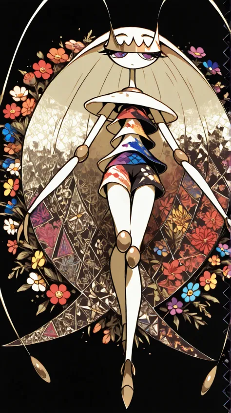 (in style of Takashi Murakami:1.0), beatiful face, feet,best quality,tonemapping, sharp focus, hyper detailed,(pheromosa),best quality,beautiful,pokemon,(2 fingers),(Clear eyes),solo,detaileds,8K,(slender:1.3),wallpaper,jumping kick,(Colorful flowers on bl...