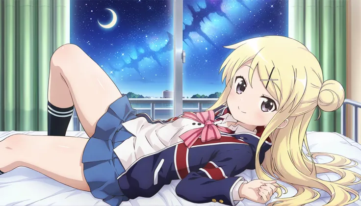 dropout of high school and depression bedridden 1girl , smile thick thighs Kujou Karen very long hair , blonde hair , single hair bun , hairclip , x hair ornament , sidelocks , side swept bangs , black eyes , white shirt , collared shirt , union jacket , p...