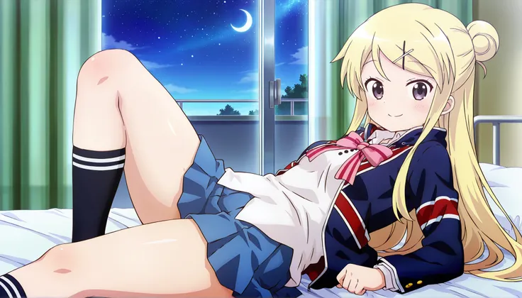 dropout of high school and depression bedridden 1girl , smile thick thighs Kujou Karen very long hair , blonde hair , single hair bun , hairclip , x hair ornament , sidelocks , side swept bangs , black eyes , white shirt , collared shirt , union jacket , p...