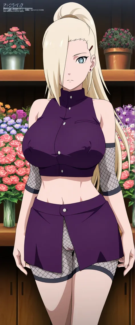 masterpiece, best quality, amazing quality, front light, anime screencap, 1girl, solo, InoShipuuden, blonde hair, high ponytail, hair over one eye, midriff, fishnets, crop top, big breasts, blue eyes, At the flower shop, purple skirt,cover nipple, focus pu...