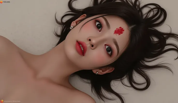 Masterpiece Best Quality (Wallpapers 8K Very High Detail) (best illustration) (The best shadow) Realistic light, high definition, very realistic, beautiful 30 year old Asian woman lying naked, showing her breasts, she was shot in the forehead, a bullet wou...