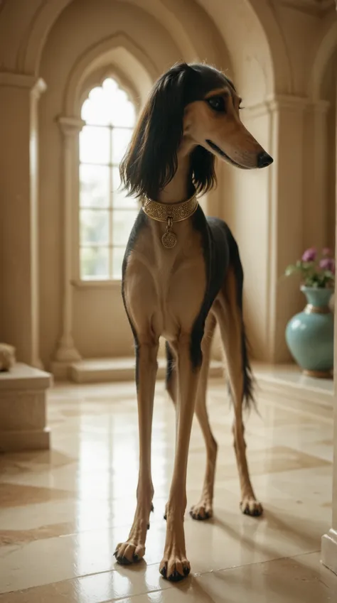 an (saluki dog) standing in a richly lavish room wearing a wide embroidered collar. Set in an Arabian throne room with bay windows. rim light, saluki, sighthound, black fur