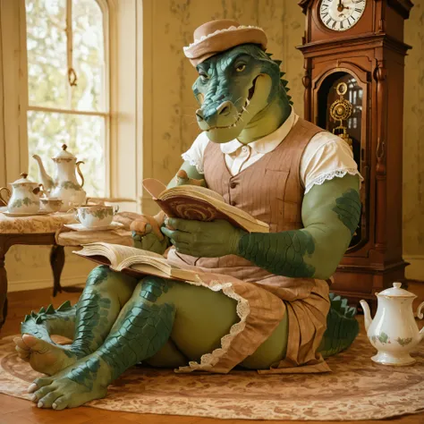 high quality, RAW photo, ultra-detailed, ((anthro crocodile Makuu)), ((masculine nanny attire)), nanny, bara, solo, 1boy, barefoot, plantigrade, ((tailored vest with lace trim)), clothed, not naked, nanny hat, ((bare scaled feet)), ((emerald scales)), ((vi...