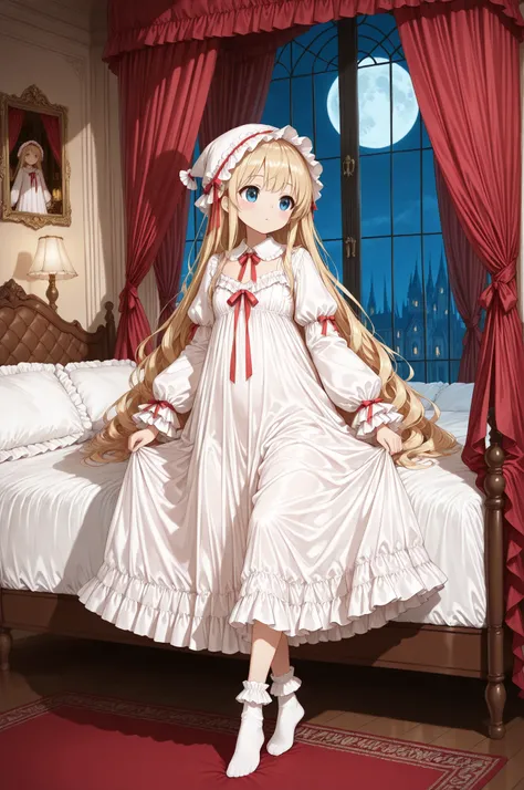 highest quality, masterpiece, highest resolution, artwork, super get used to it, many become familiar with, become familiar with, get used to it,change,,little girl, before bedtime,((twelve years old)),european,((blonde very longhair:1.0)),(((white nightgo...