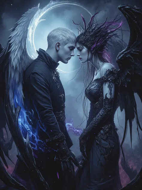Done in a balanced, fluid, gothic style that expresses the harmony of opposites that dance around these 2.
A captivating portrait shows an angel and a demon in stark opposition. On the left, a 40 year old man with short white hair and a stern expression w...